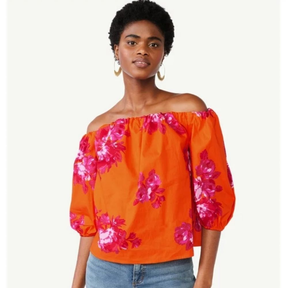 Scoop Orange Floral Off The Shoulder Poplin Top Puff Sleeves XXL (G10)